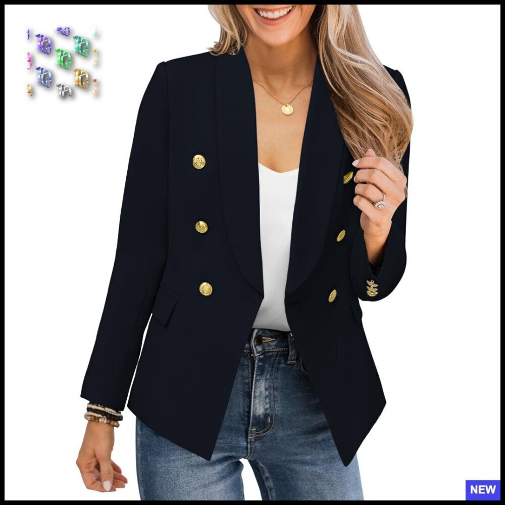 Casual Blazer Jacket Gold Button Long Sleeve Lapel Open Front Work Office